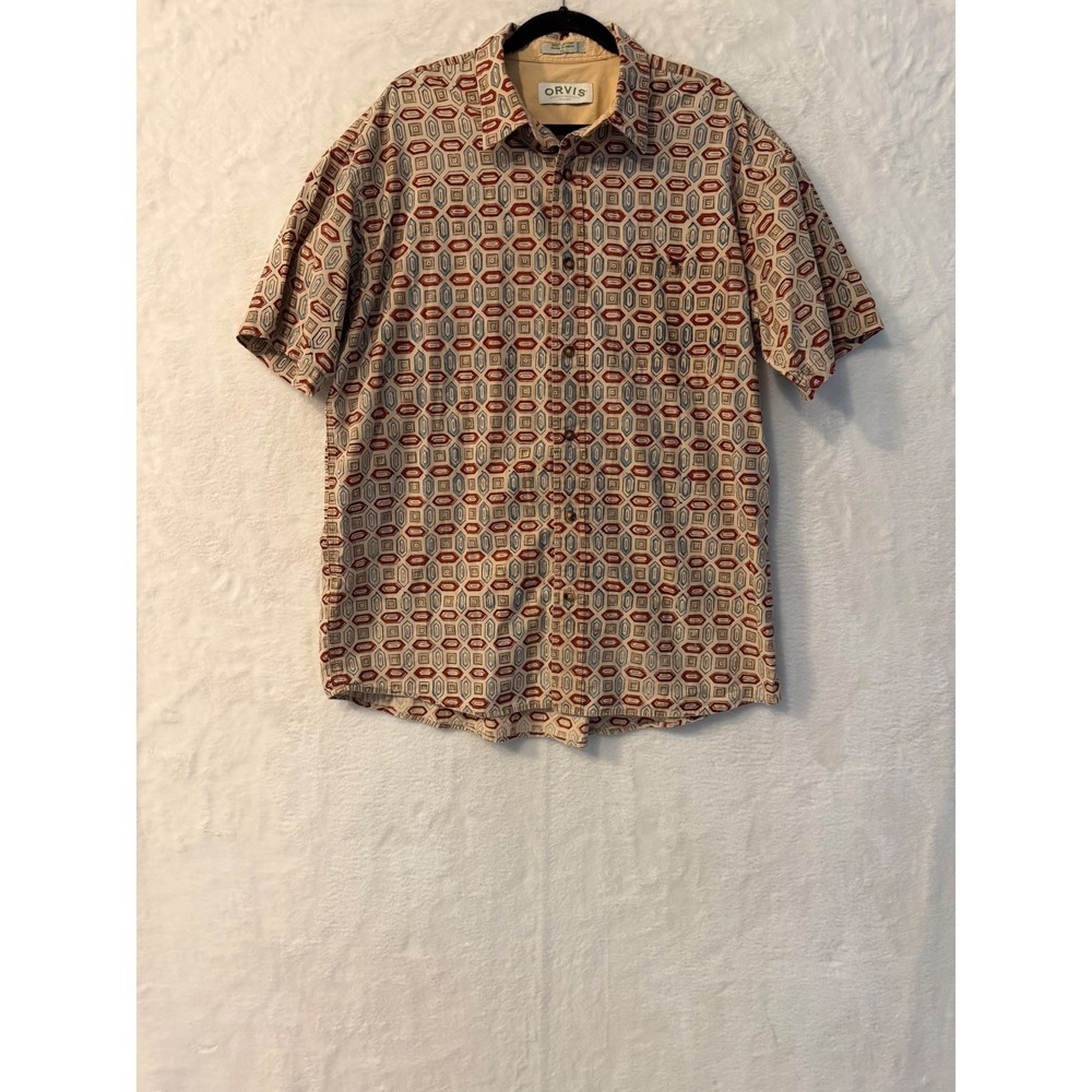Orvis Mens XL Short Sleeve Button Down Shirt Geometric Block Print Cotton Tan